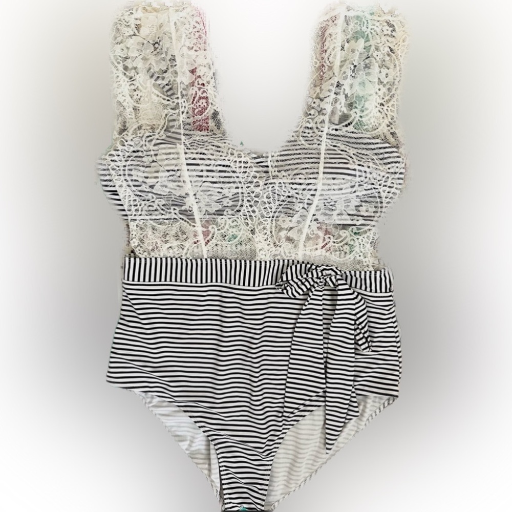 Swimsuit Bathing Suit 2pc Mallot Navy White Pinstripe Lace Bust Bow SZ XL Glam